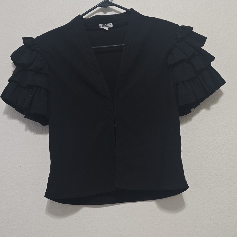 Cordelia‎ Women's Black Ruffle Sleeve V-Neck Blouse L